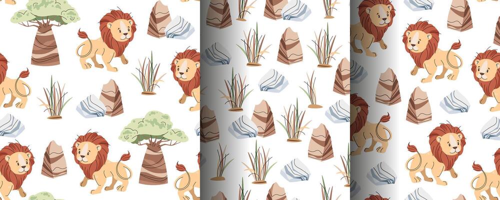 Set of Seamless Patterns with African Animals. Cute children s texture with lion, stone and grass. illustration for children s wallpapers, backgrounds, fabric, etc.