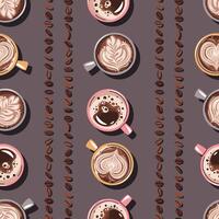 Seamless pattern with a cup of coffee and coffee beans. Repeating texture with hot coffee beverage for fabric, wallpaper vector