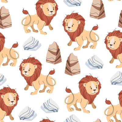 Seamless pattern with African animals. Cute children s texture with lion, stone and grass. illustration for children s wallpaper