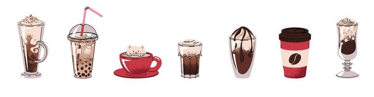 Set of different types of coffee drinks. Espresso, americano cup, cappuccino and latte in paper mug. Flat illustrations isolated on white background vector