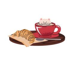 Cup of coffee with croissant on tray in flat cartoon style. Delicious coffee drink with foam in the form of a cat and dessert. Breakfast composition for menu, sticker, postcard, etc. vector