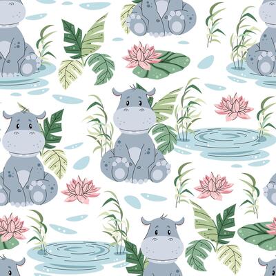 Seamless pattern with African animals. Cute children s texture with hippopotamus in a pond with lily. illustration for children s wallpaper