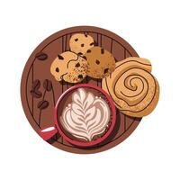 Cup of coffee with bun and cookies on tray in flat cartoon style. Delicious coffee drink and dessert. Breakfast composition, top view for menu, sticker, postcard, etc. vector