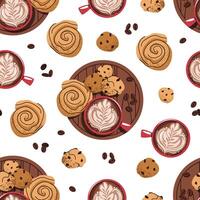 Seamless pattern with a cup of coffee and a bun. Repeating texture with a coffee drink and dessert. Perfect breakfast. Suitable for textiles, wallpaper vector