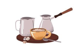 Cup of coffee with cezve and pitcher on isolated background. composition of breakfast, lunch in flat cartoon style. Coffee time, coffee break. vector