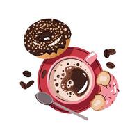 Cup of coffee with donut in flat cartoon style. Delicious coffee drink with dessert. Breakfast composition, top view for menu, sticker, postcard, etc. vector
