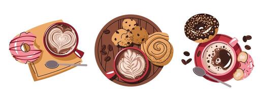 Set of Coffee cups with bun, donut and cookie in flat cartoon style. Delicious coffee drink and dessert. Breakfast composition, top view for menu, sticker, postcard, etc. vector