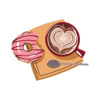 Cup of coffee with donut in flat cartoon style. Delicious coffee drink with heart pattern and dessert. Breakfast composition, top view for menu, sticker, postcard, etc vector