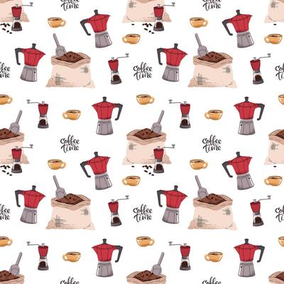 Seamless pattern with coffee bag, moka pot, coffee grinder. Repeating texture with coffee accessories and tools. Barista tools. Coffee time. Suitable for textile, wallpaper
