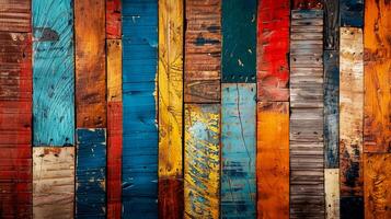 Vibrant wooden planks in varying colors create a rustic, artistic backdrop perfect for design and decor projects. photo