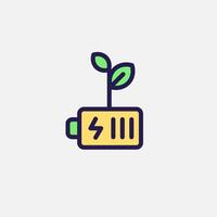 Battery and sprout leaf icon flat, free energy, ecology, renewable and green energy concept. Outline and filled colourful icon. vector