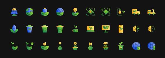 Renewable energy icon set flat gradient icon. Include solar panel, battery, ecology leaf, recycle, innovation energy. Colourful gradient flat icon pack. vector