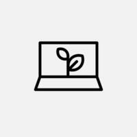 laptop from recycle materials and sprout leaf icon line, free energy, ecology, renewable and green energy concept. Linear and lineart icon. vector