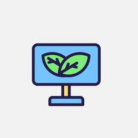Computer from recycle materials and leaf icon flat, free energy, ecology, renewable and green energy concept. Outline and filled colourful icon. vector