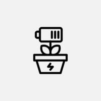 Battery and plant in a pot icon line, free energy, ecology, renewable and green energy concept. Linear and lineart icon. vector