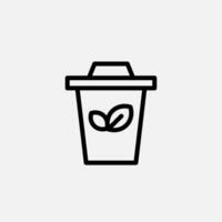 Trash can and leaf icon line, free energy, ecology, renewable and green energy concept. Linear and lineart icon. vector