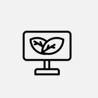 Computer from recycle materials and leaf icon line, free energy, ecology, renewable and green energy concept. Linear and lineart icon. vector