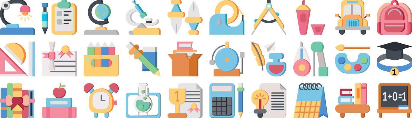 Modern monochrome flat icon set for back to school