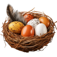 rustic nest filled with colorful Easter eggs and feather, symbolizing spring png
