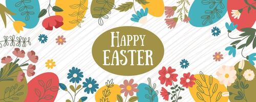 Easter banner with flowers and Easter eggs. Spring background in flat style. vector