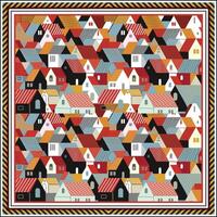 Colorful, patterned illustration of a dense array of houses with varied roofs and designs, bordered by a decorative frame. vector