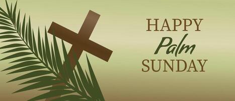 Palm Sunday greeting card design with green palm leaves, a brown cross, and Happy Palm Sunday text on a soft background. vector