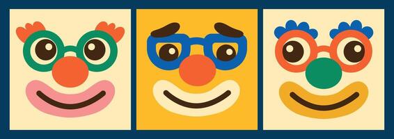Funny clown face set. Square colorful faces in clown glasses. illustration for circus design vector