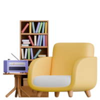 3d Renderização moderno conforto cadeira com lado mesa e estante de livros para interior Projeto png