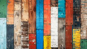 Vibrant wooden planks create a colorful, rustic background, perfect for design projects and creative themes. photo