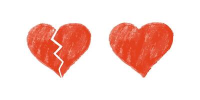Broken and whole red crayon hearts on white background in textured style vector