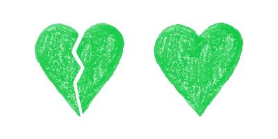 Seamless Pattern of Broken and Whole Green Crayon Hearts on a White Textured Background vector