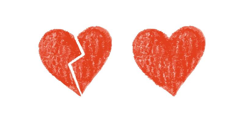 Seamless Pattern of Broken and Whole Red Crayon Hearts on a White Textured Background