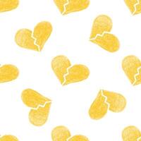 Seamless pattern with yellow crayon broken hearts on white background vector