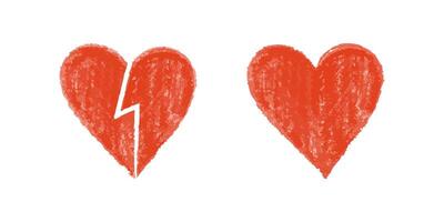 Hand-Drawn Red Crayon Hearts Broken and Whole Seamless Pattern with a Textured Style on White vector