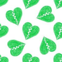 Seamless Pattern of Green Crayon Broken Hearts on a White Background vector