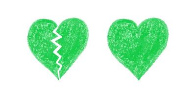 Broken and whole green crayon hearts on white background in textured style vector
