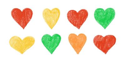 Set of colorful crayon hearts in different colors on white background vector