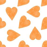 Seamless pattern with orange crayon hearts on white background in doodle style vector
