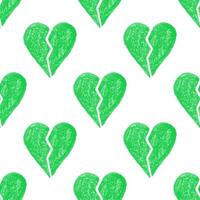 Seamless pattern with green crayon broken hearts on white background vector