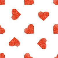 Seamless pattern with red crayon hearts on white background in doodle style vector