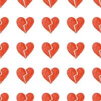 Seamless Pattern of Red Crayon Broken Hearts on a White Background vector
