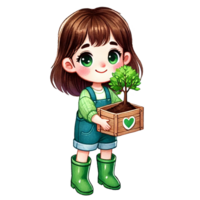 A cheerful girl holds a young plant in a wooden box. Eco-Friendly concept png