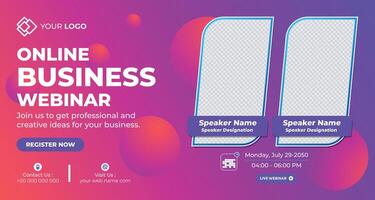 Vibrant online business webinar flyer with pink and purple gradient, featuring placeholders for speakers and event information vector