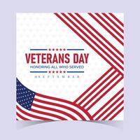 Minimalist square Veterans Day banner with red and blue flag patterns, clean design, and bold text honoring veterans and their service vector