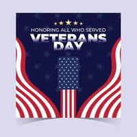 Stylish square Veterans Day banner with bold red and white flag patterns, stars, and modern typography honoring veterans vector