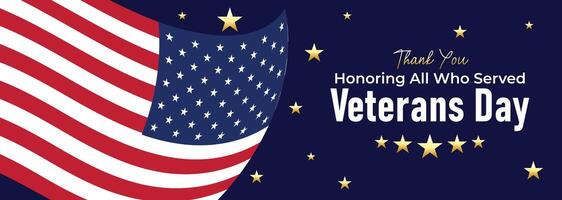 Patriotic Veterans Day banner with an American flag, stars, and elegant design honoring veterans and celebrating their courage and service vector