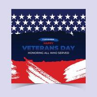 Bold square Veterans Day banner with stars, red and blue flag accents, and strong typography honoring military service and veterans vector