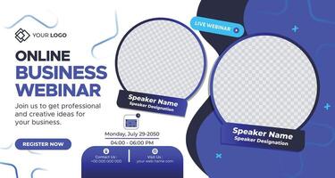 Creative online business webinar template with circular placeholders, blue theme, and professional design for event promotion vector
