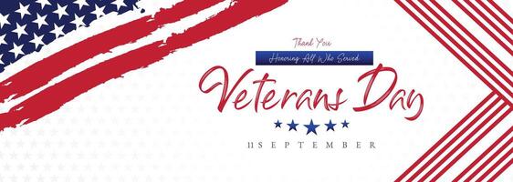 Patriotic Veterans Day banner with red and blue flag patterns, stars, and elegant text design to honor military veterans and their service vector