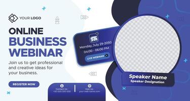 Modern online business webinar banner with abstract shapes, dark blue theme, and placeholders for speakers and event details vector